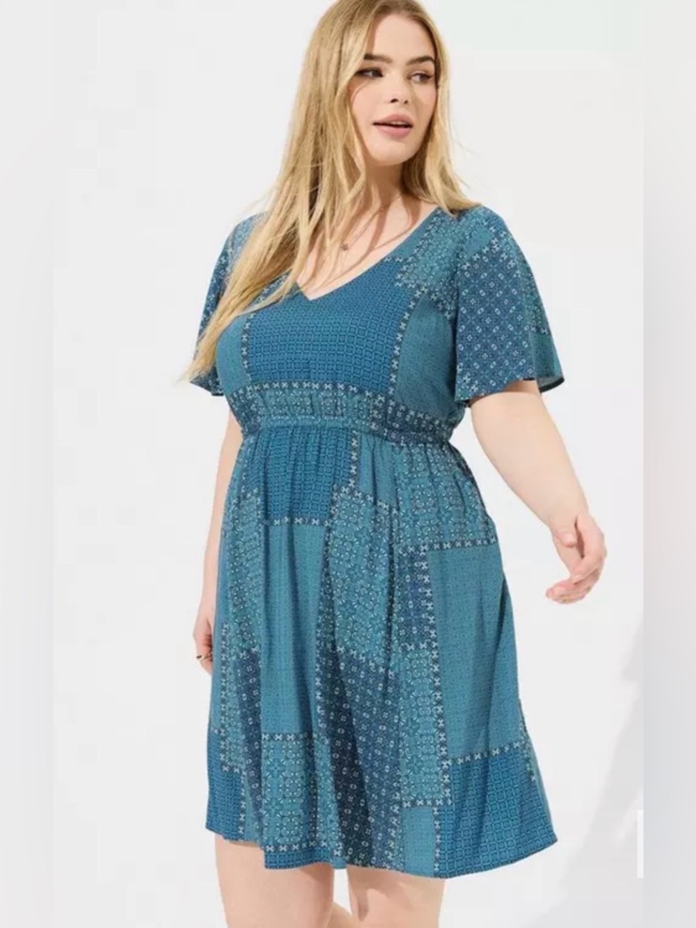 💐SPRING STOCK-UP💐 Torrid Blue Patchwork V-Neck Elastic Waist Mini Dress sz 1X